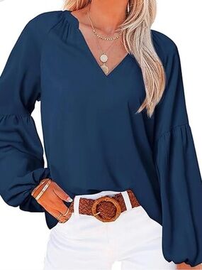 BTFBM Blouse Elegant Navy V-neck top with billowy balloon sleeves. S